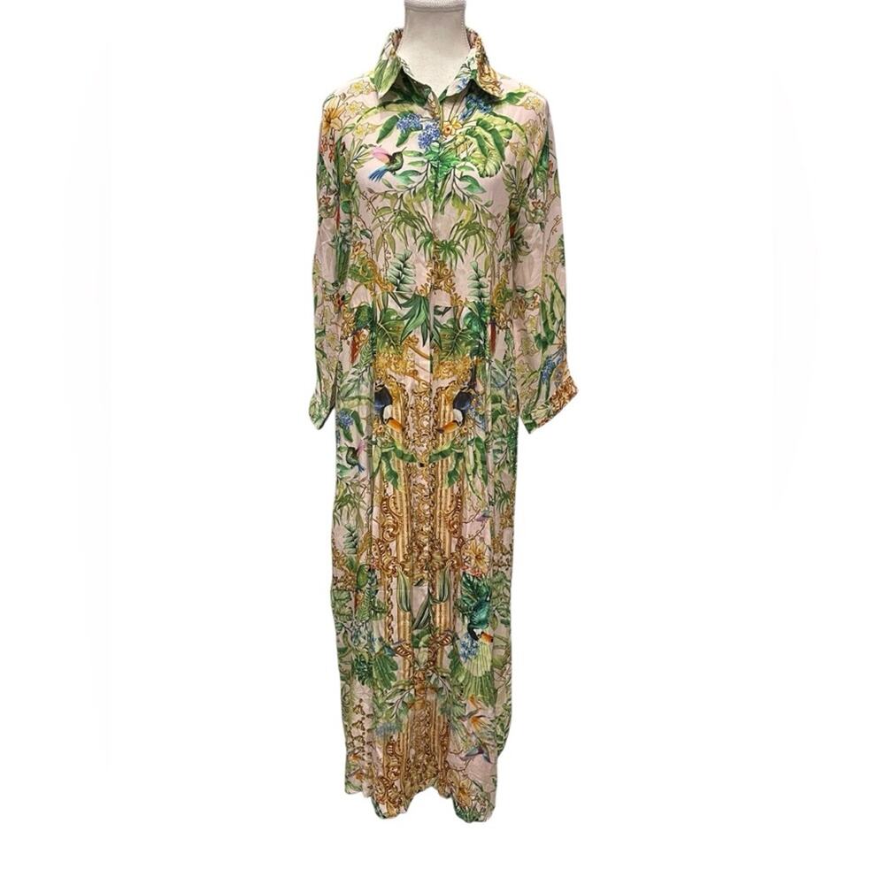 jayshree dalal Tropical Silk Blend Long Shirt Dress Sz:L - Picture 1 of 11